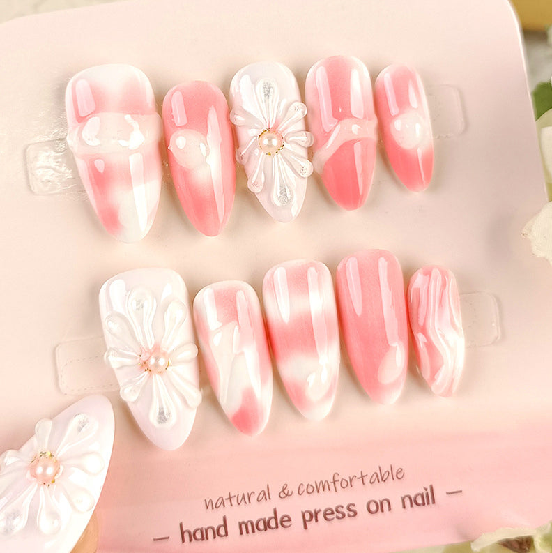 (Handmade) 10pcs/Set Falling Petals & Pearl Gradient Press-On Nails