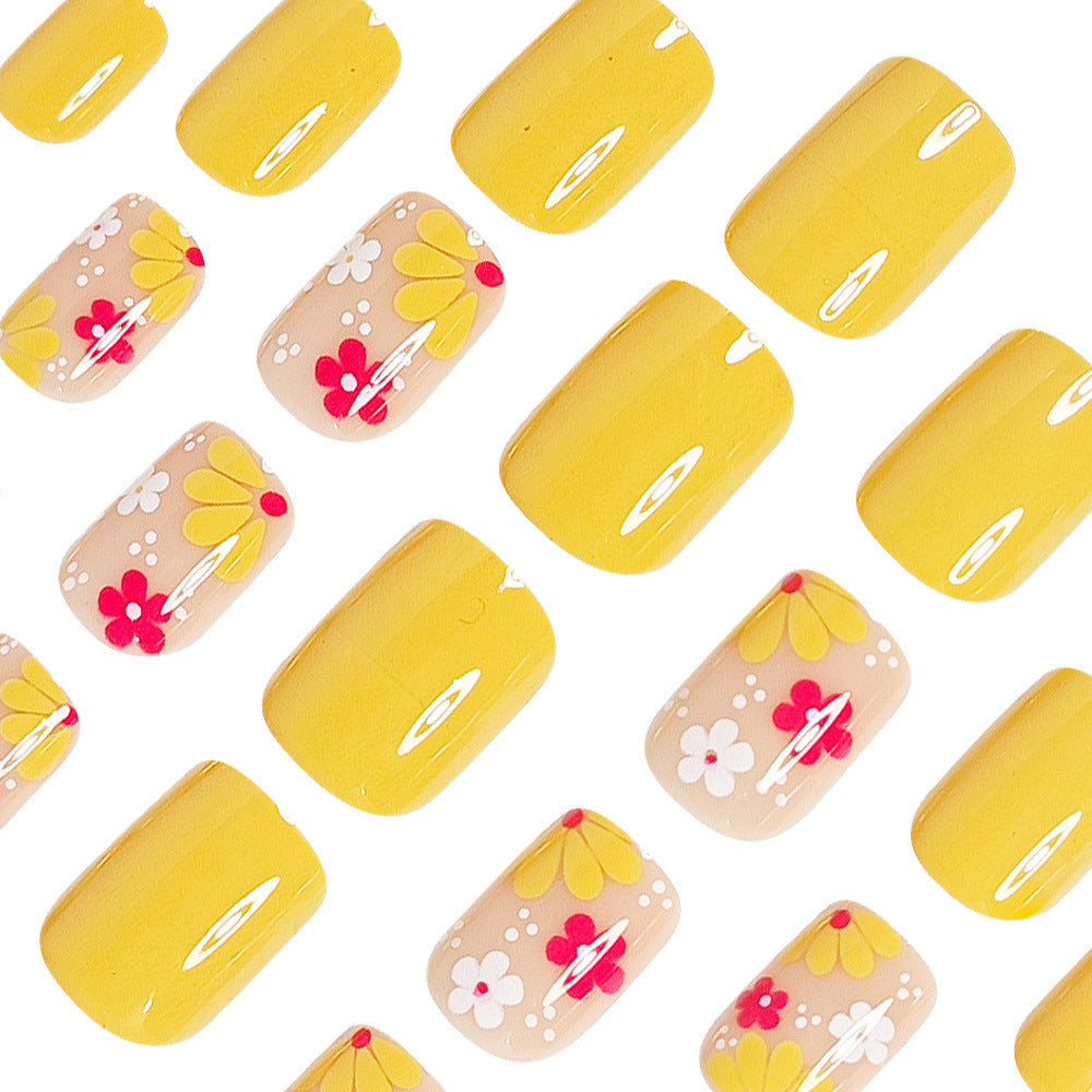 24pcs/Set Short Yellow Floral Press-On Nails