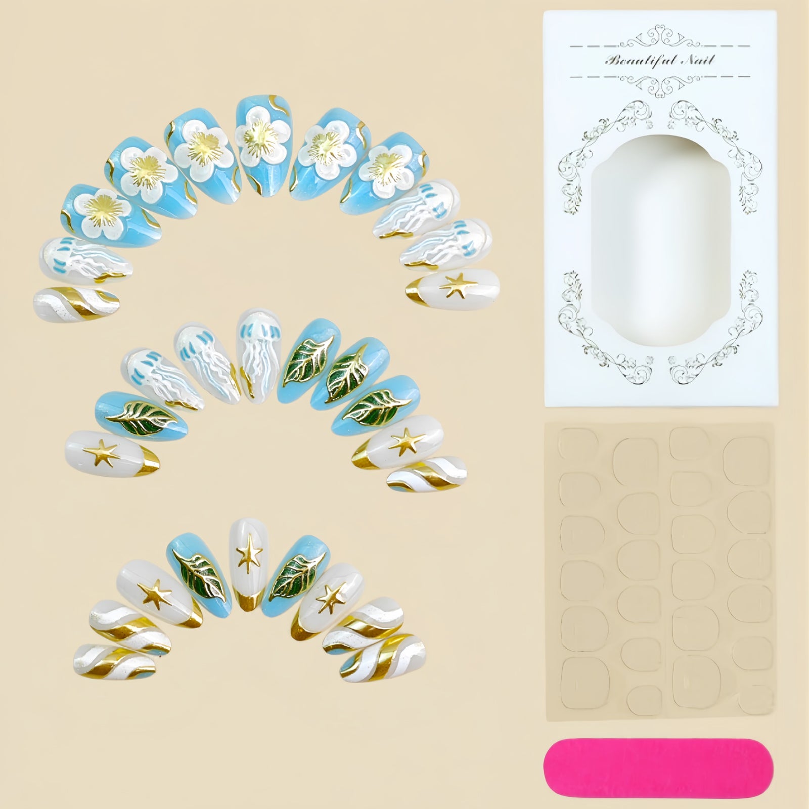 30pcs/Set Luxury Gold Foil Ocean Jellyfish Floral Press-On Nails