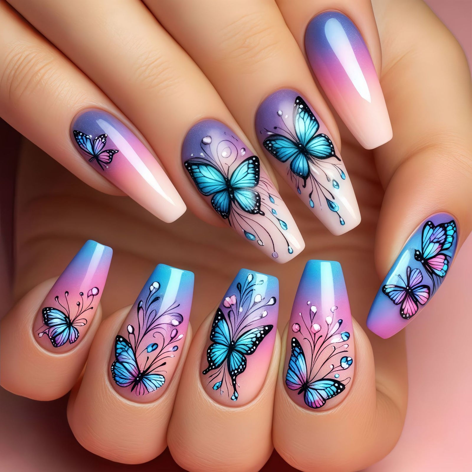24pcs/Set Ombre Blue Butterflies Press-On Nails