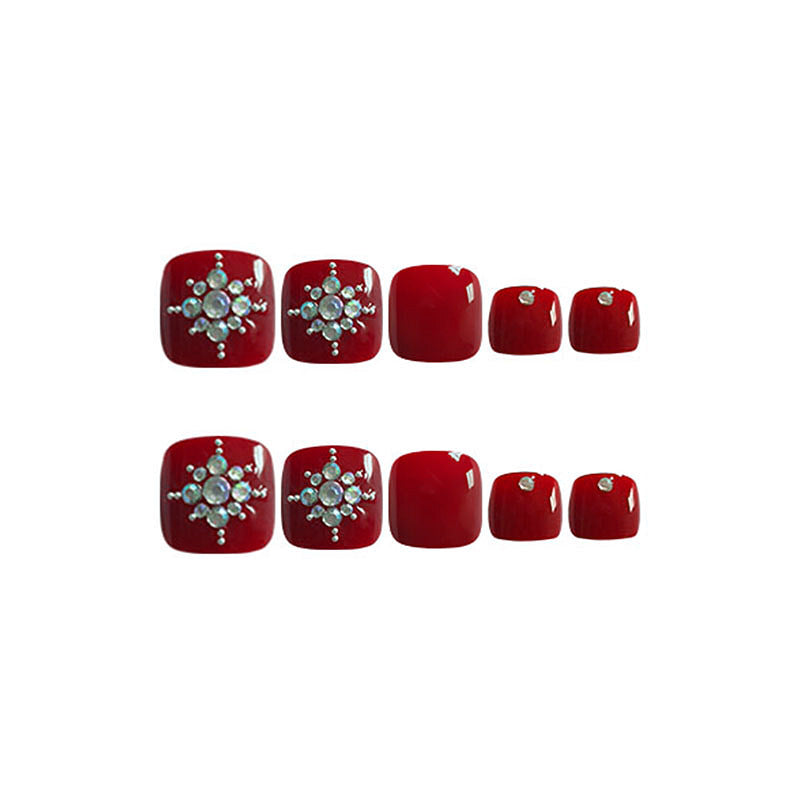 24pcs/Set Burgundy Multi-Rhinestone Press On Toe Nails