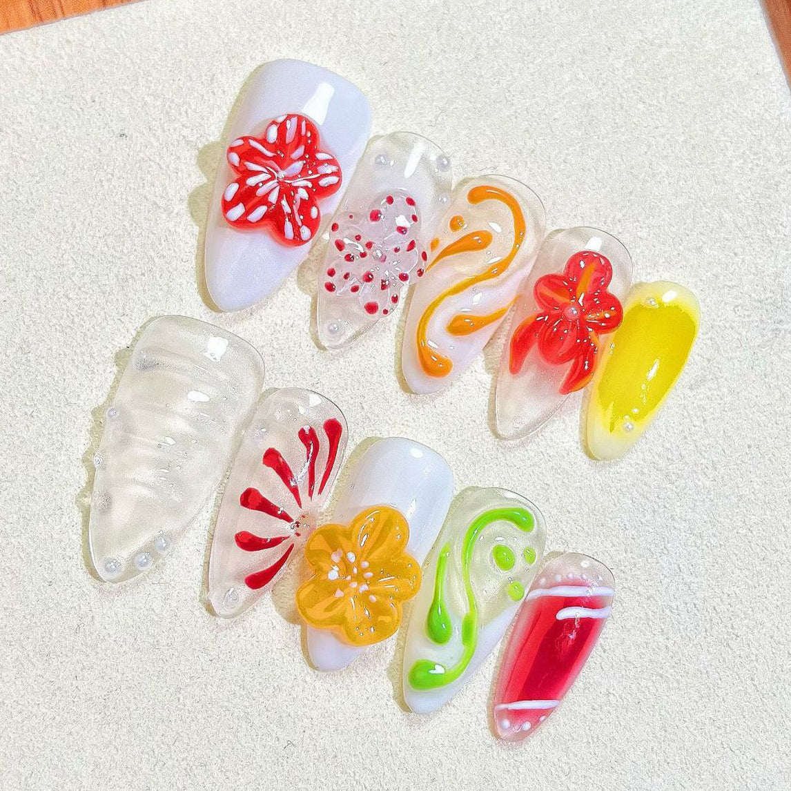 (Handmade) 10pcs/Set 3D Embossed Carving Press-On Nails