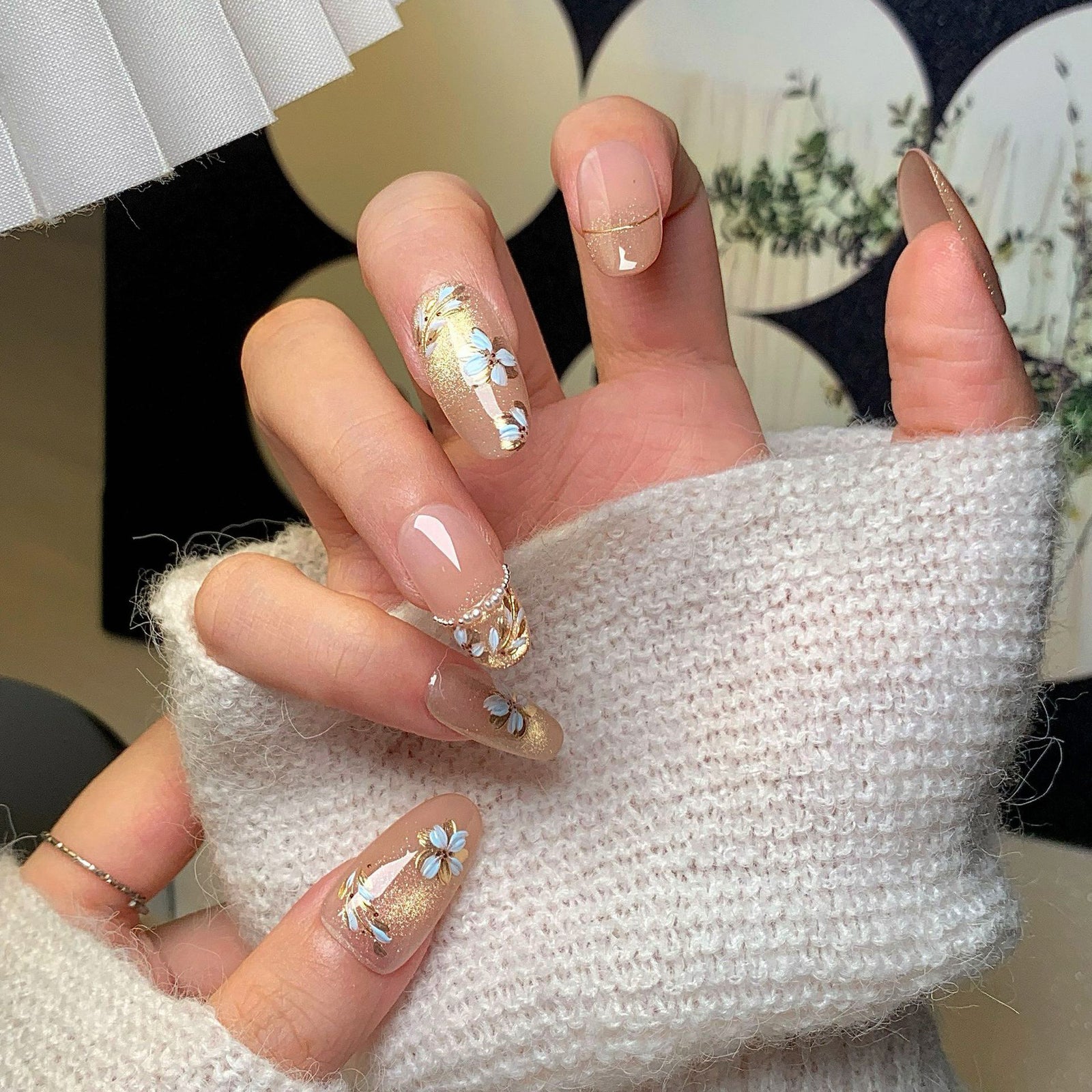 (Handmade) 10pcs/Set Cat Eye Nails with Hand-Painted Floral Press-On Nails