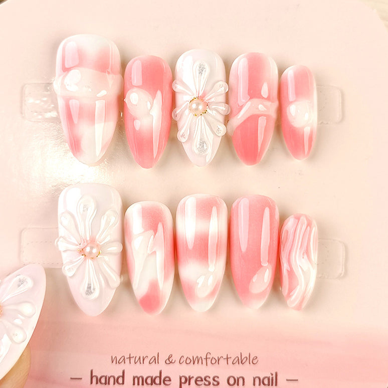 (Handmade) 10pcs/Set Falling Petals & Pearl Gradient Press-On Nails
