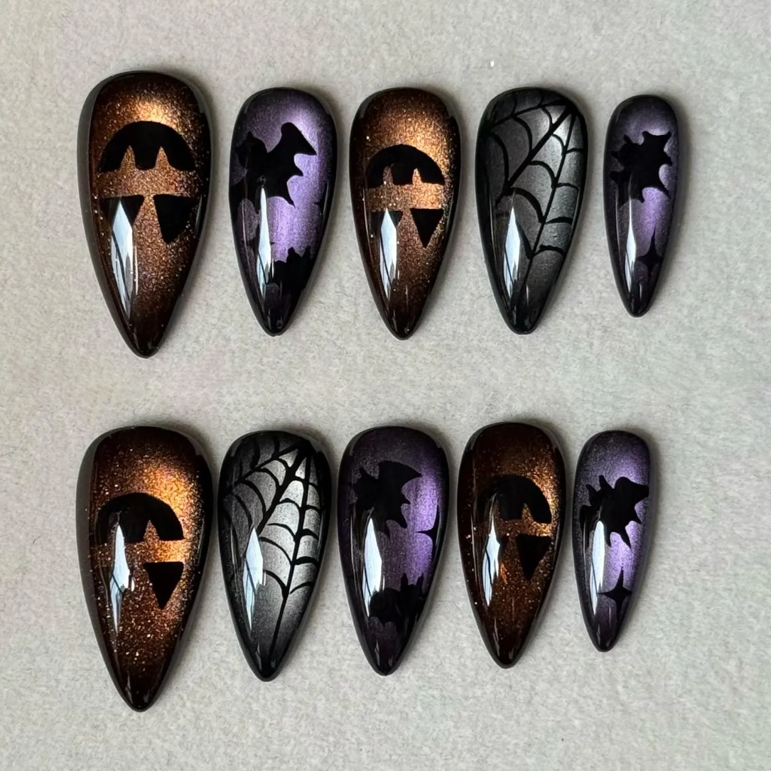 (Handmade) 10pcs/Set Joker Bat Spider Cat Eye Press-On Nails