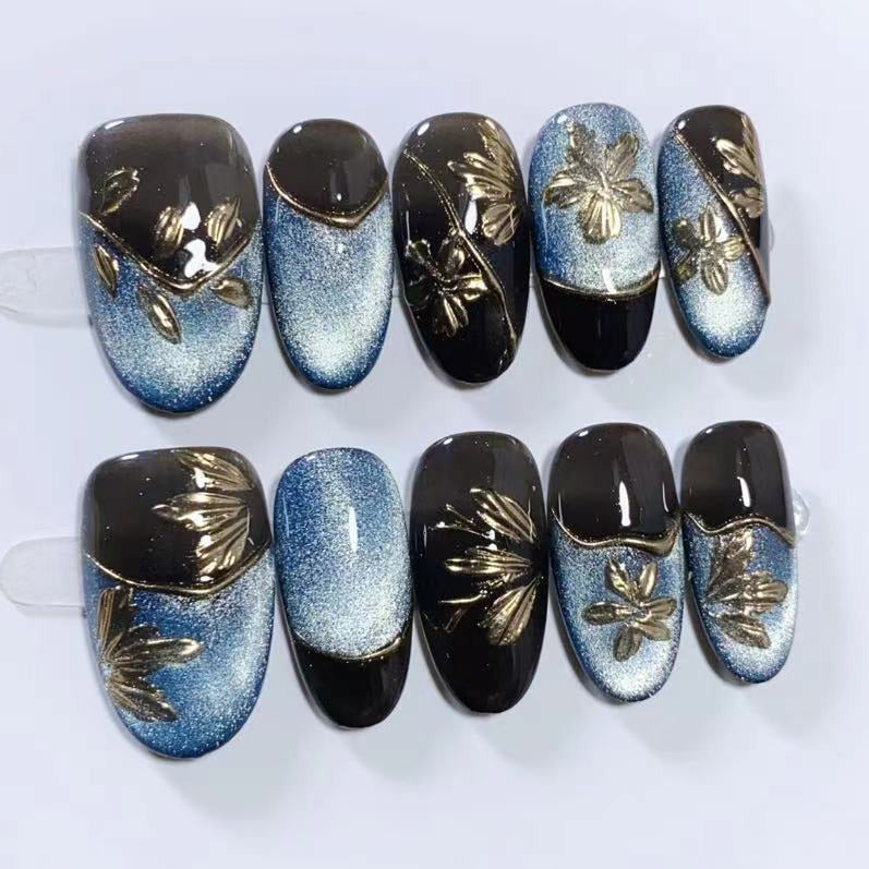 (Handmade) 10pcs/Set Cat Eye Golden Flowers Press-On Nails
