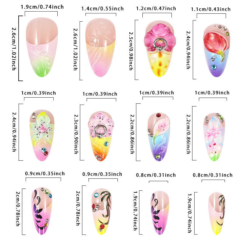 24pcs/Set 3D Embossed Colorful Flowers Press-On Nails
