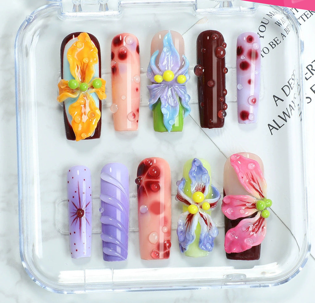 (Handmade) 10pcs/Set 3D Flowers in Dopamine-Inspired Colors Press-On Nails