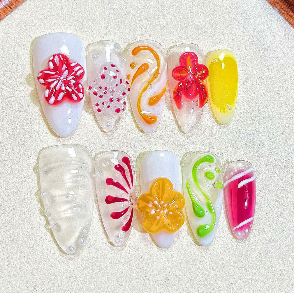 (Handmade) 10pcs/Set 3D Embossed Carving Press-On Nails