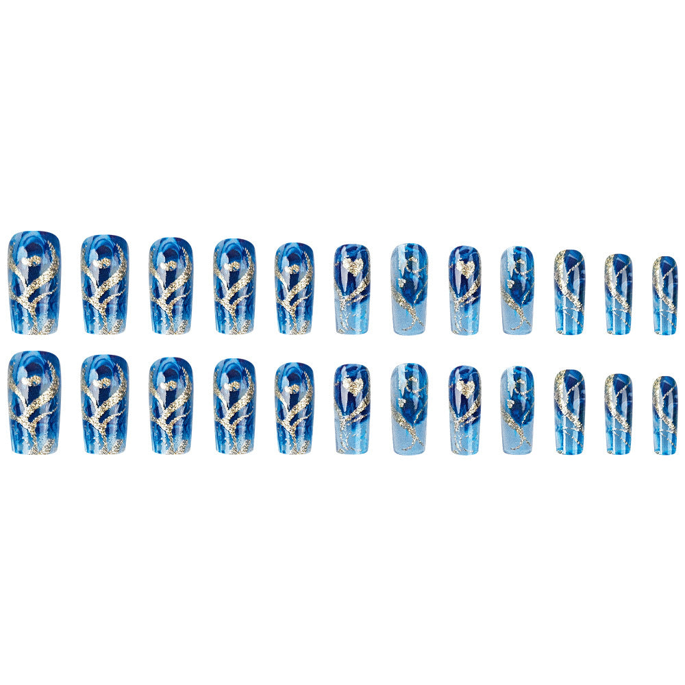 24pcs/Set Glitter Heart Blue Press-On Nails