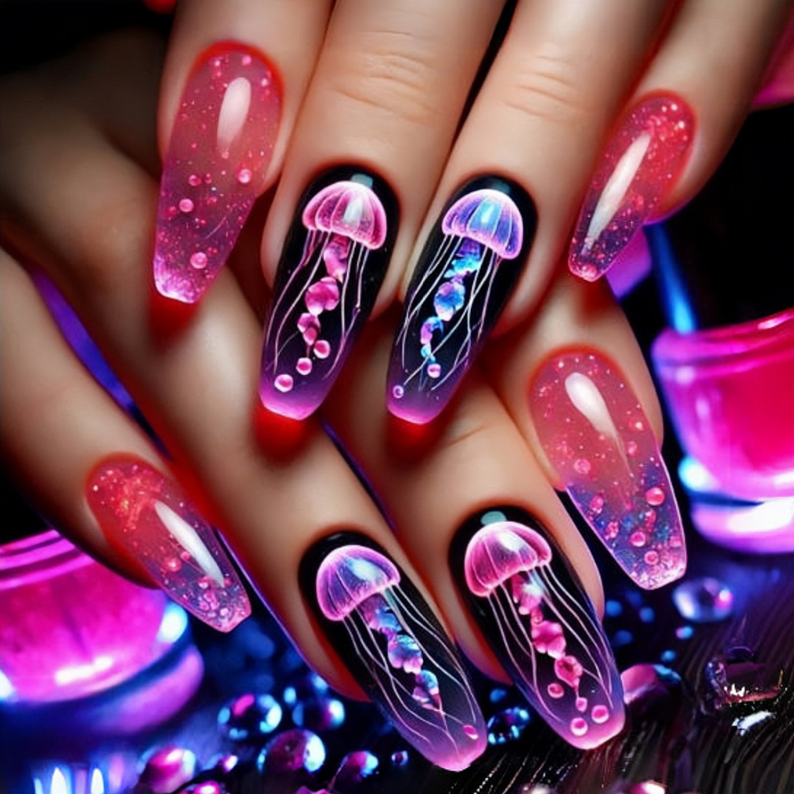 24pcs/Set Colorful Ocean Jellyfish Press-On Nails