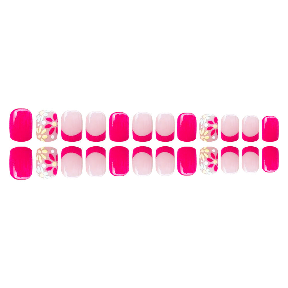 24pcs/Set Rose Pink Floral French Press-On Nails