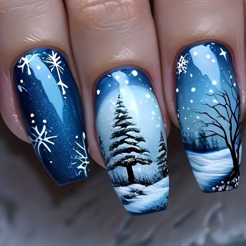 24pcs/Set Christmas Forest Snowflakes Press-On Nails