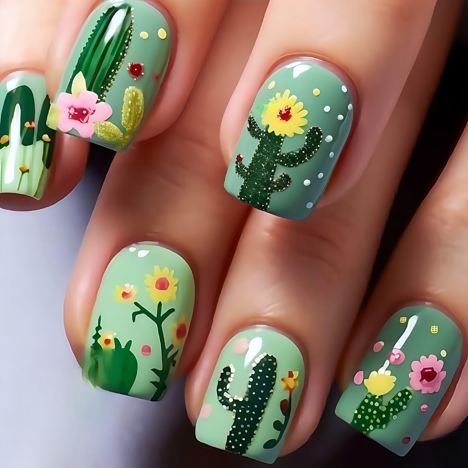 24pcs/Set Cactus Flowers Press-On Nails