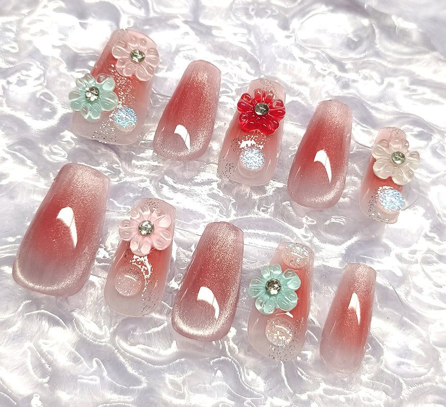 (Handmade) 10pcs/Set Cherry Blossom Gradient Press-On Nails