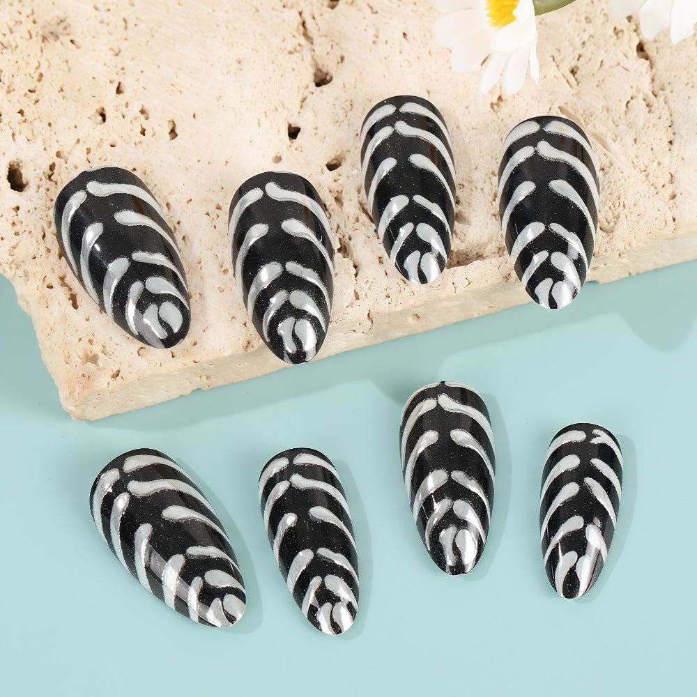 24pcs/Set 3D Black & Silver Fluid Texture Press-On Nails