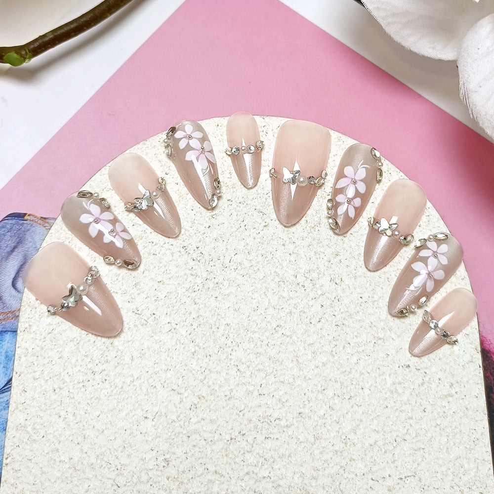 (Handmade) 10pcs/Set White Floral Crystal Cat Eye Press-On Nails