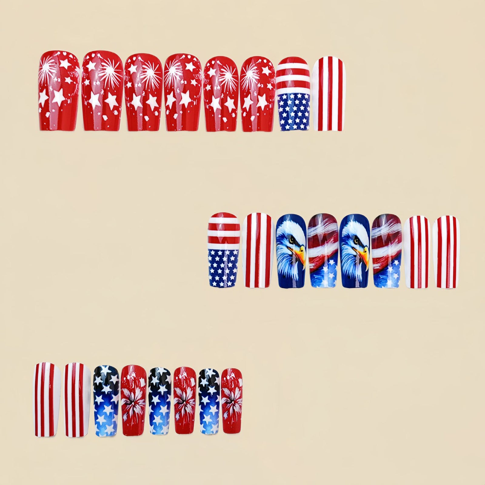 24pcs/Set American Flag Bald Eagle & Fireworks Press-On Nails