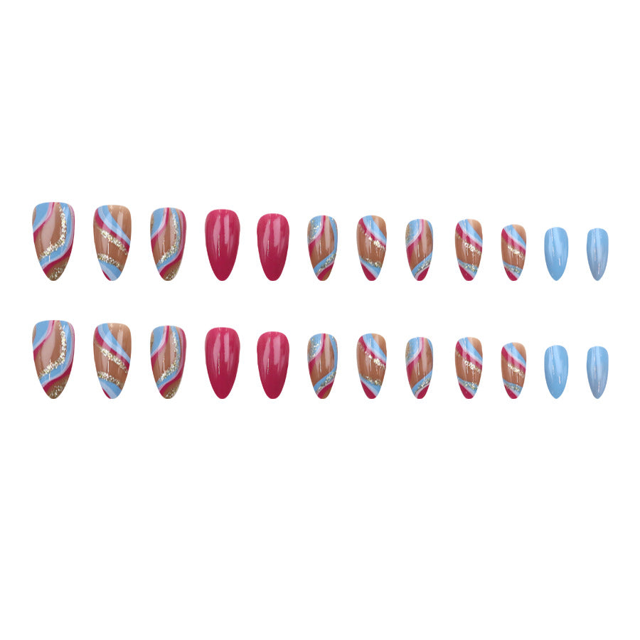 24pcs/Set Blue-Pink-Gold Glitter Waves Press-On Nails