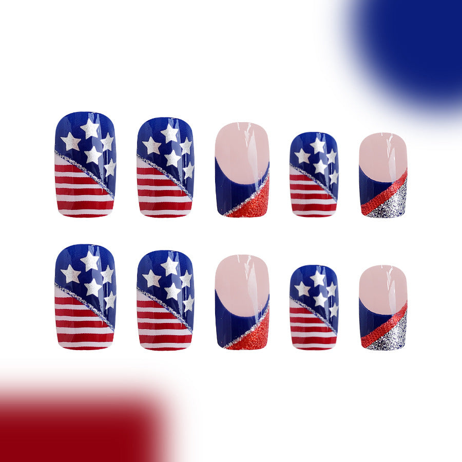 24pcs/Set Red & Blue Glitter Stripe French Press-On Nails