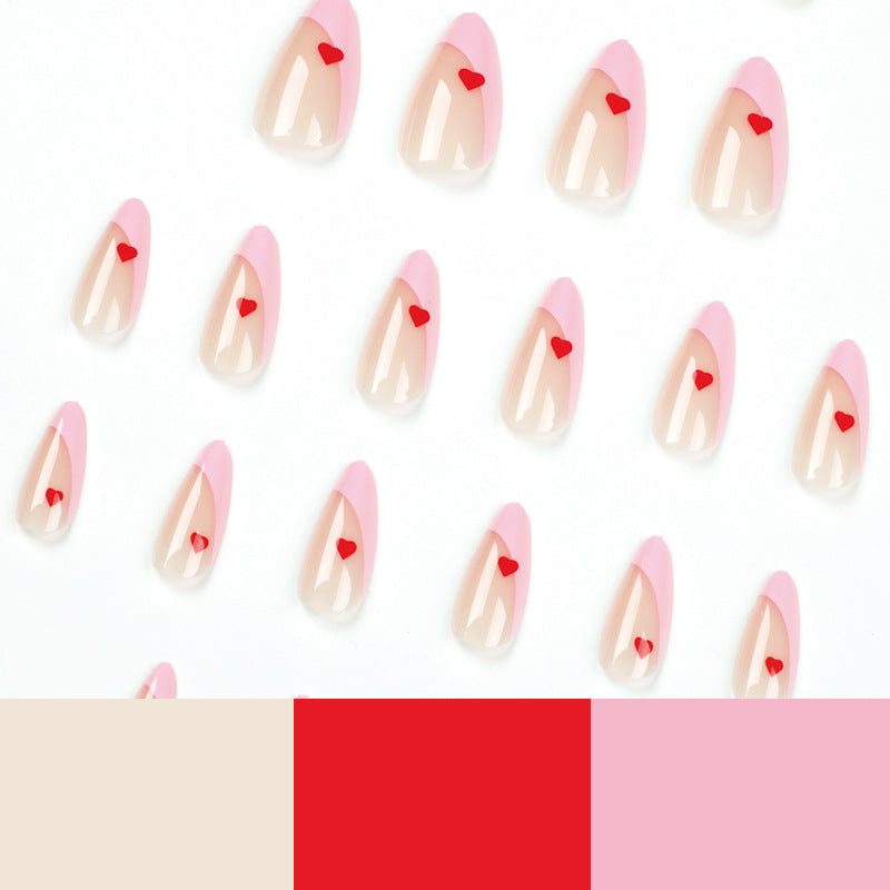 24pcs/Set French Pink Tip with Red Hearts Press-On Nails