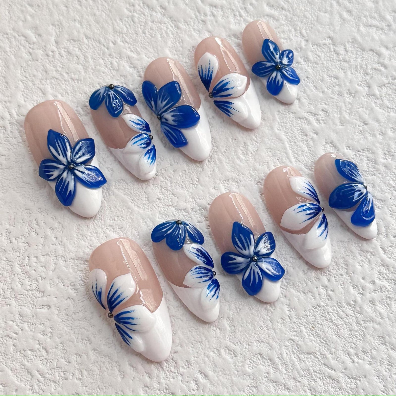(Handmade) 10pcs/Set Blue 3D Flower Press-On Nails