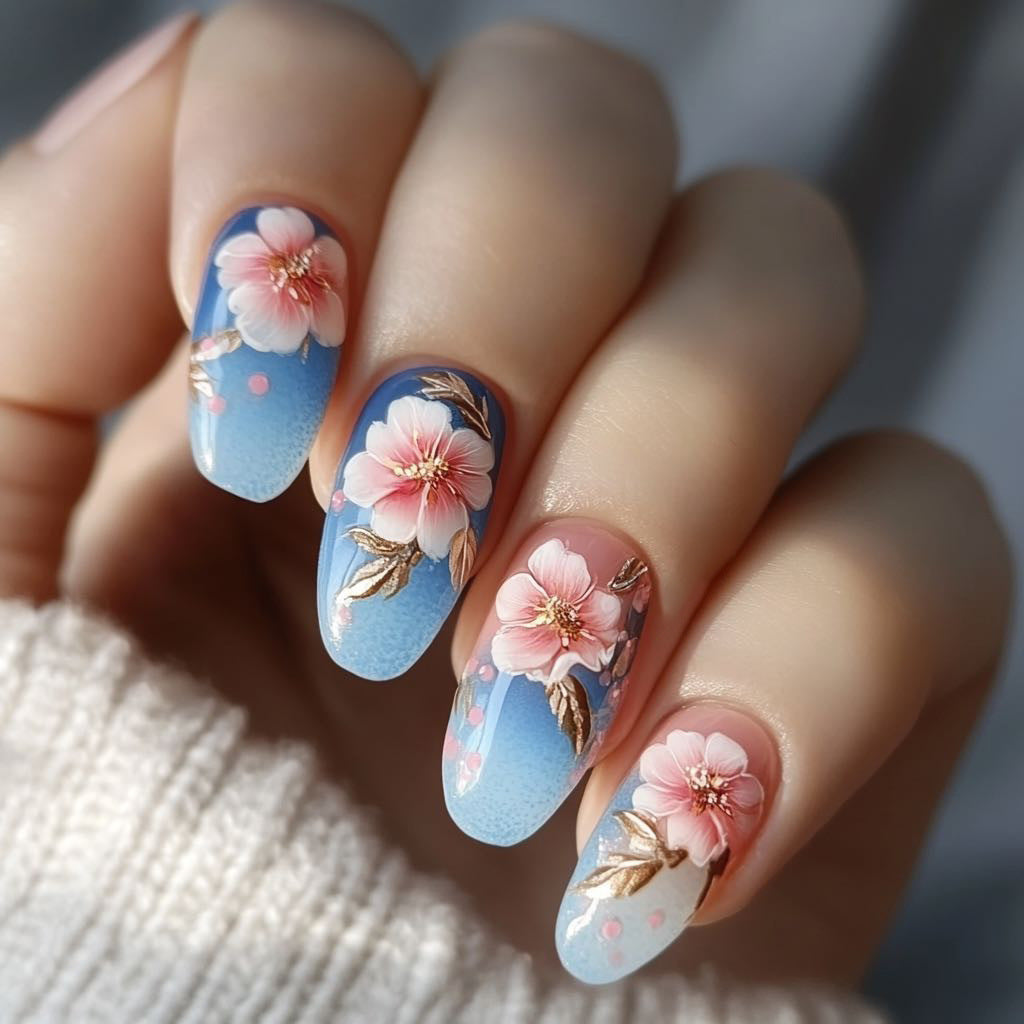 24pcs/Set Pastel Blue Peach Blossom Press-On Nails