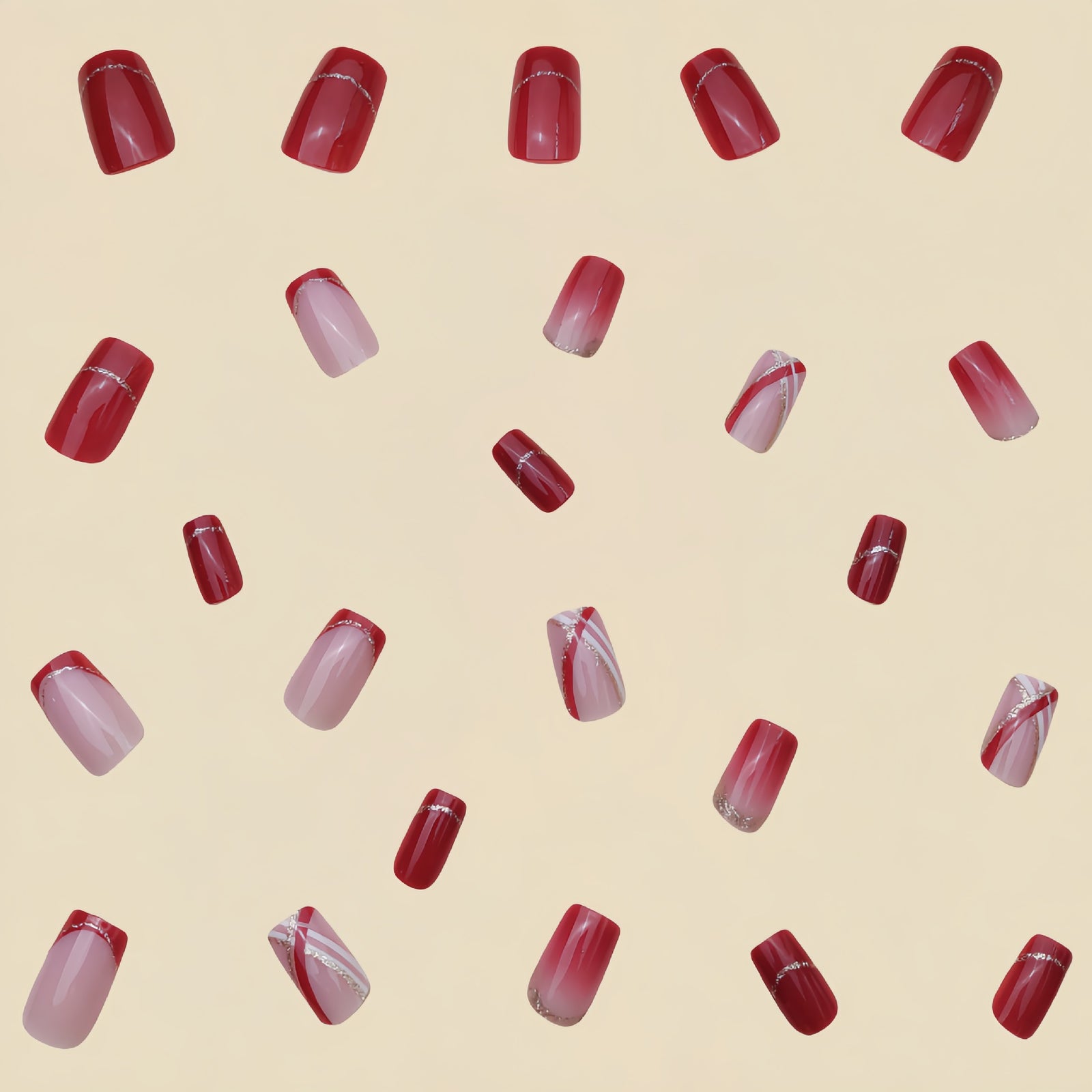 24pcs/Set Red French with Gold Line Press-On Nails