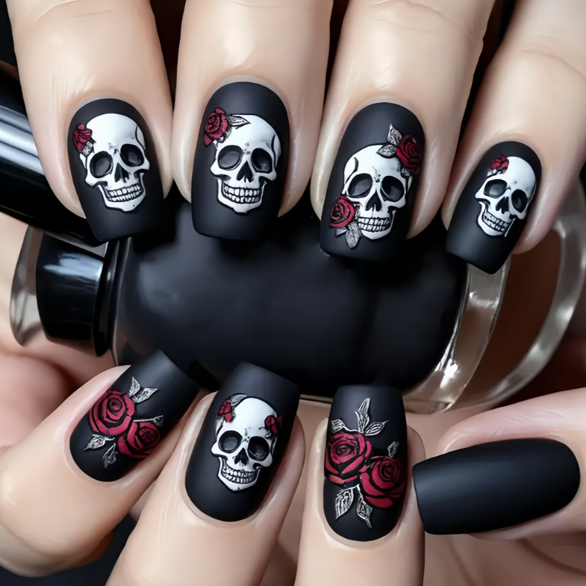 24pcs/Set Halloween Black Skull Rose Press-On Nails