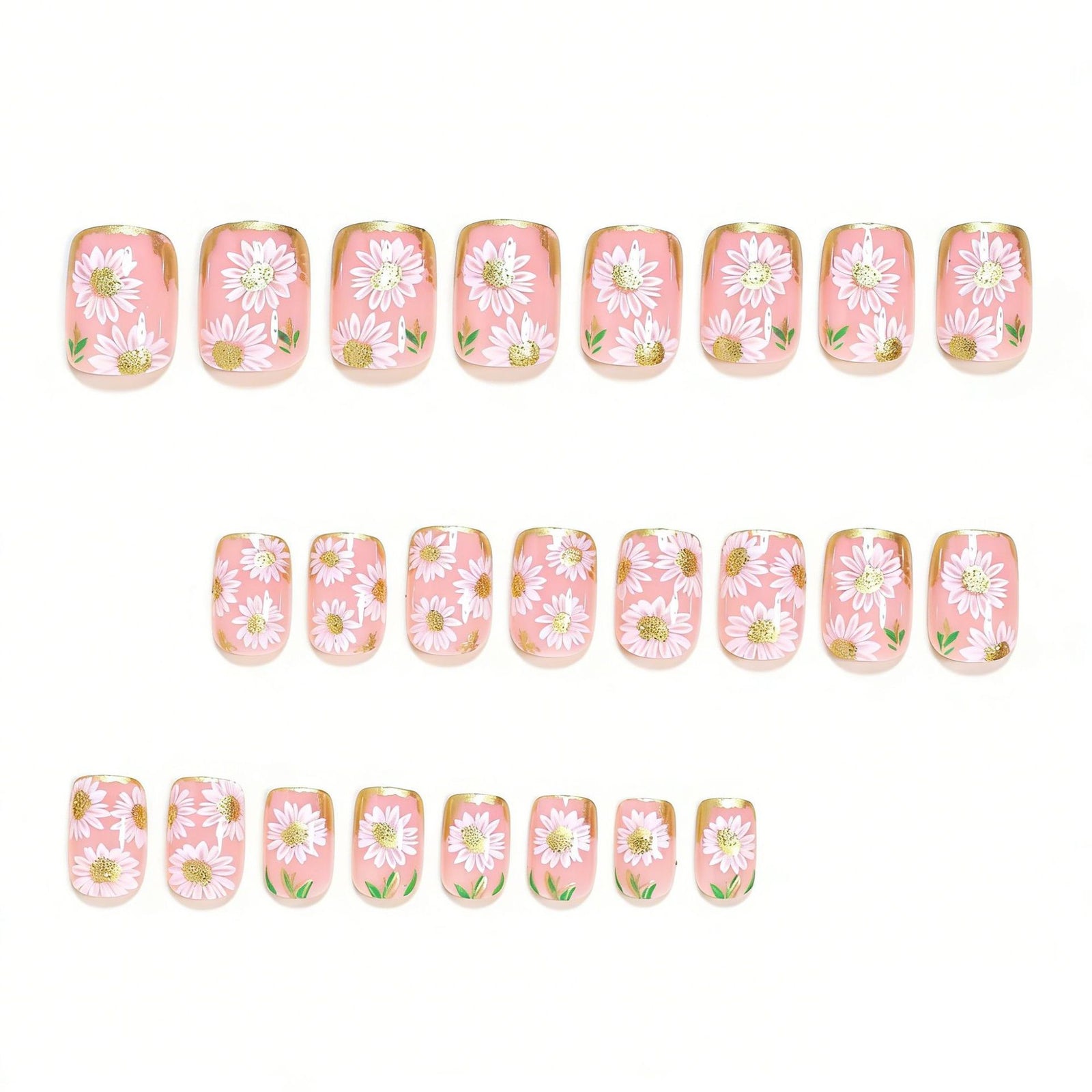 24pcs/Set Gold Stripes with White Flowers Press-On Nails