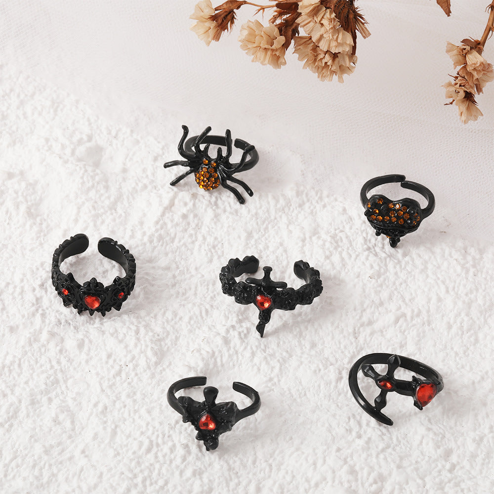 6pcs/Set Gunmetal Black Spider Heart Rhinestone Adjustable Ring Set