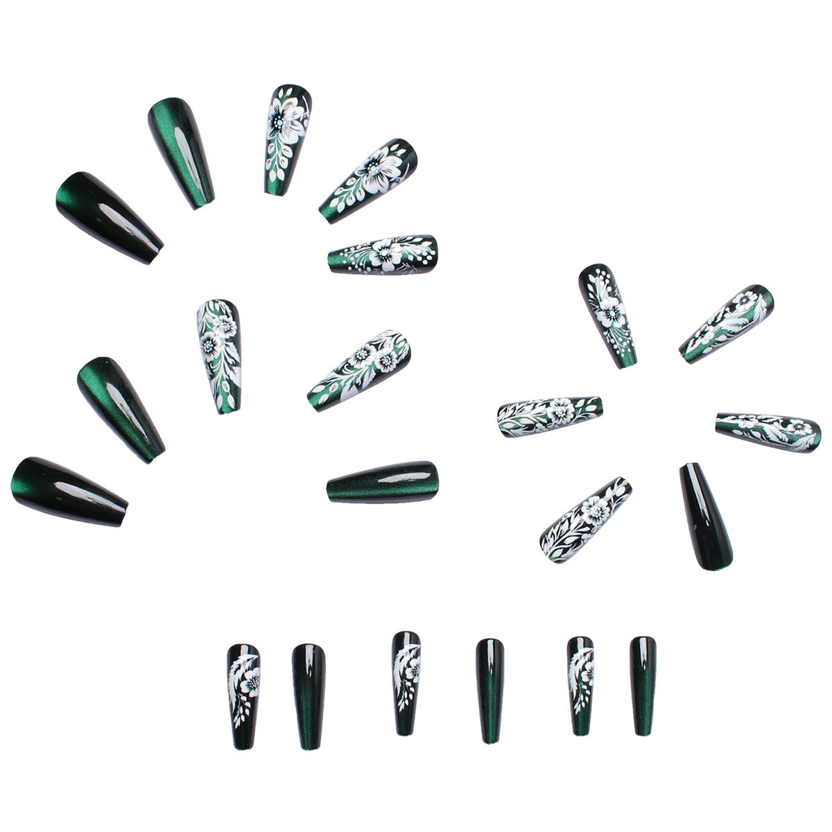 24pcs/Set Green Cat Eye with White Flowers Press-On Nails