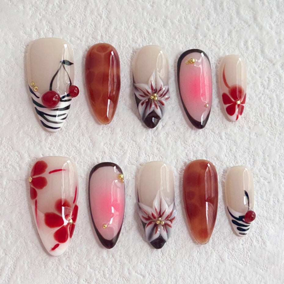 (Handmade) 10pcs/Set 3D Floral Cherry French Press-On Nails