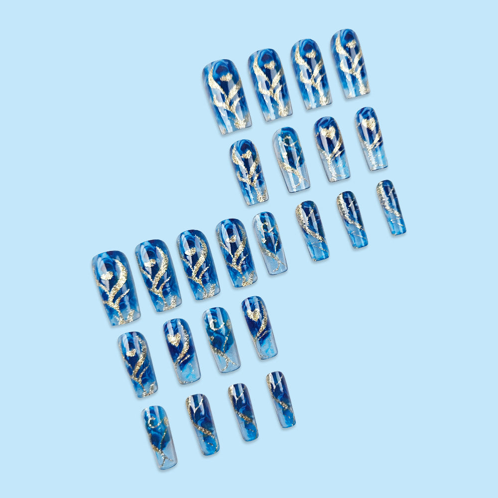 24pcs/Set Glitter Heart Blue Press-On Nails