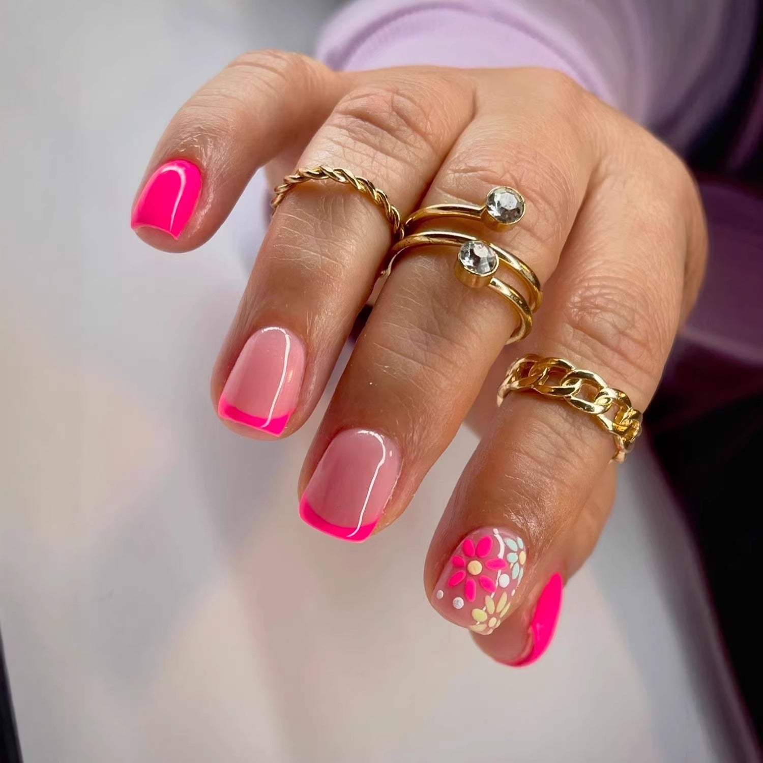 24pcs/Set Rose Pink Floral French Press-On Nails