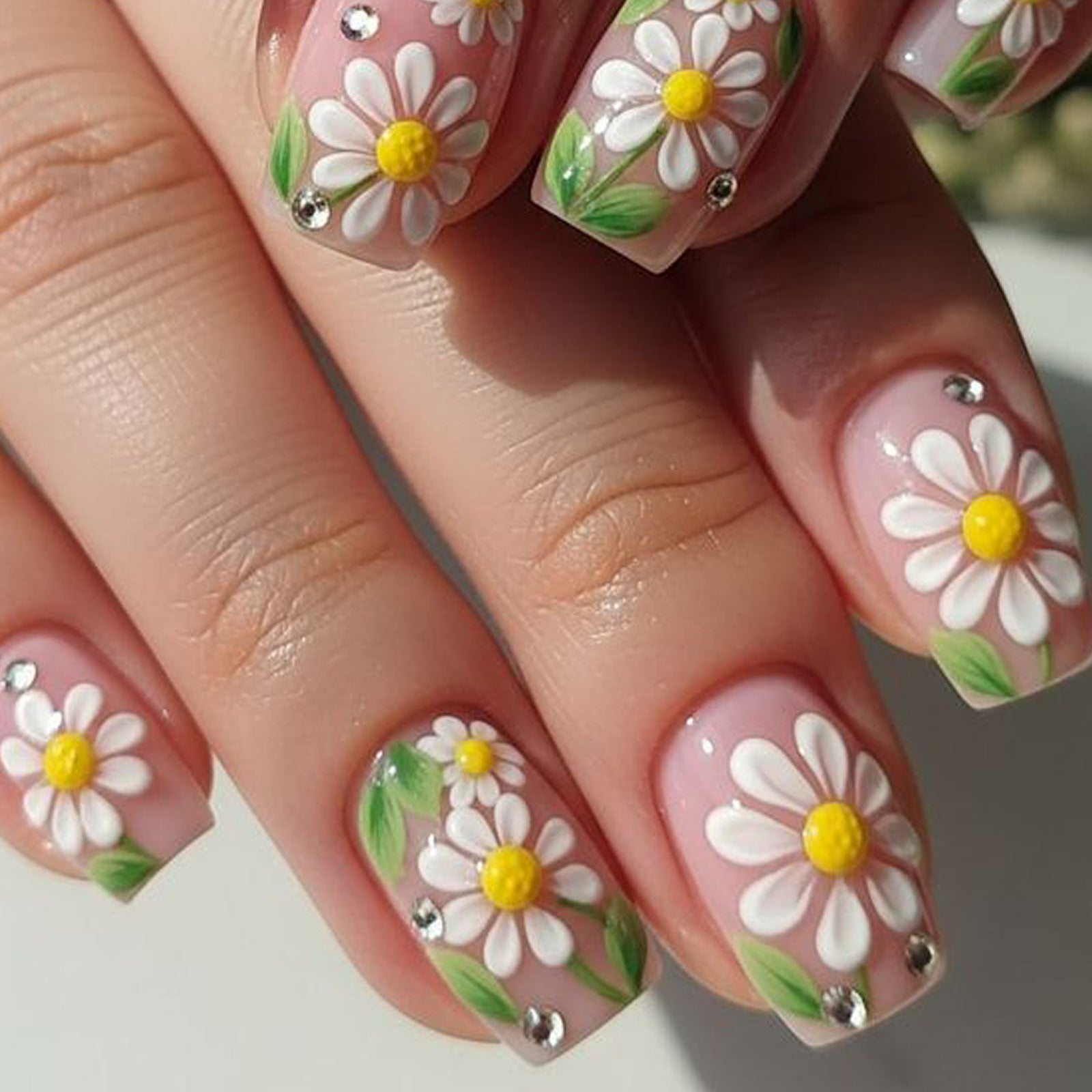 24pcs/Set Fresh Daisy Flowers Short Press On Nails