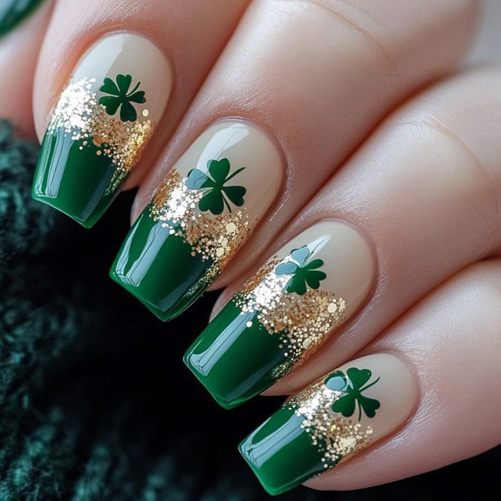 24pcs/Set Gold Glitter Lucky Four-Leaf Clover Press-On Nails