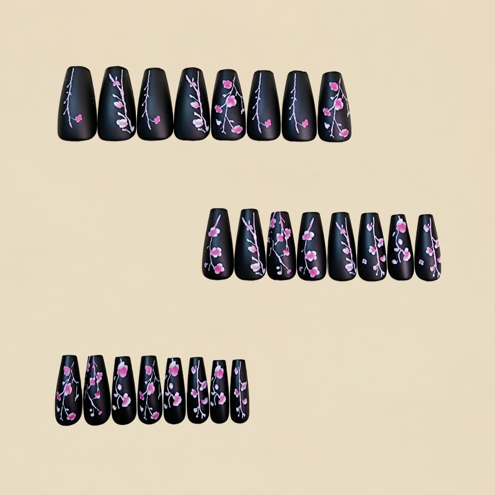 24pcs/Set Pink Flowers on Black Background Press-On Nails