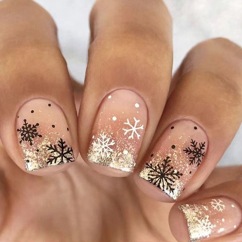 24pcs/Set Christmas Color Block Glitter Snowflake Press On Nails