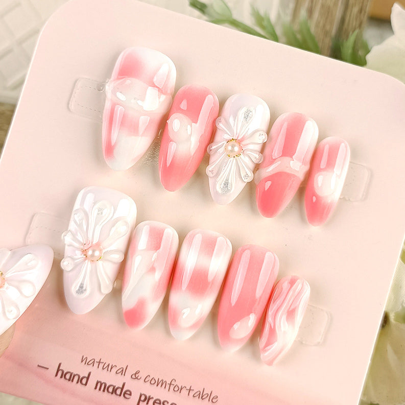 (Handmade) 10pcs/Set Falling Petals & Pearl Gradient Press-On Nails