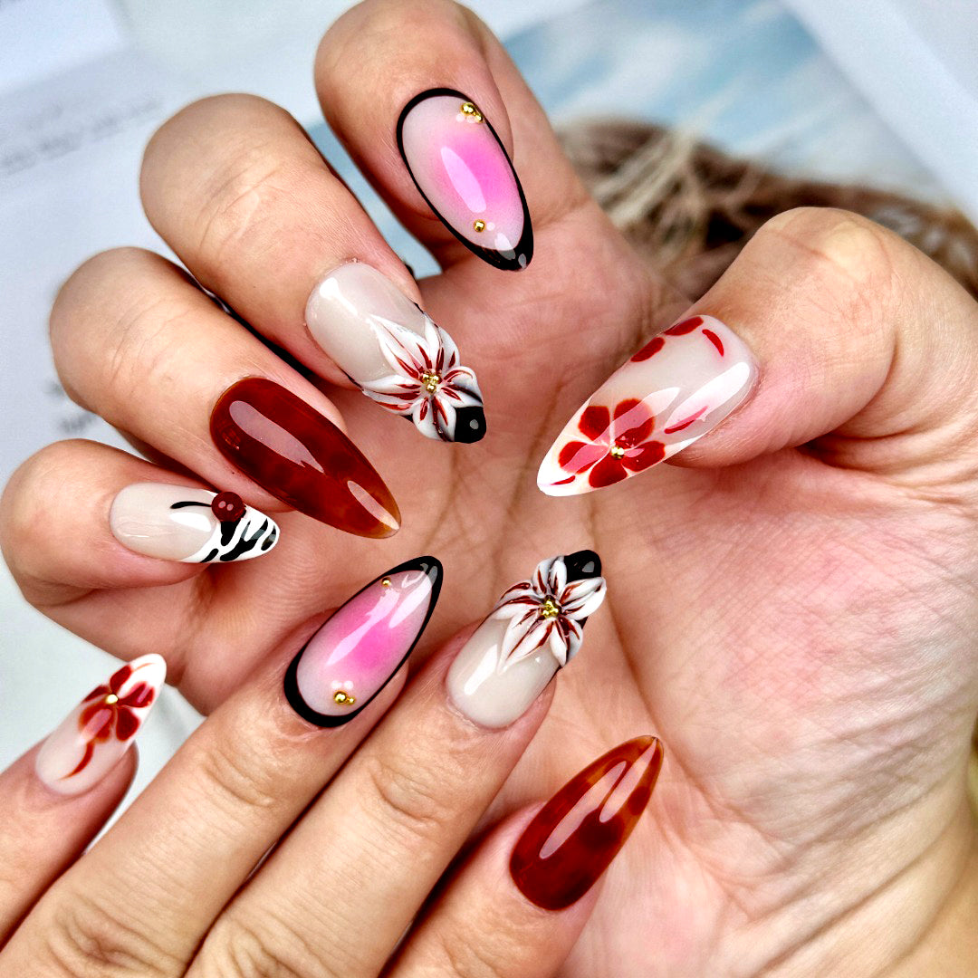 (Handmade) 10pcs/Set 3D Floral Cherry French Press-On Nails