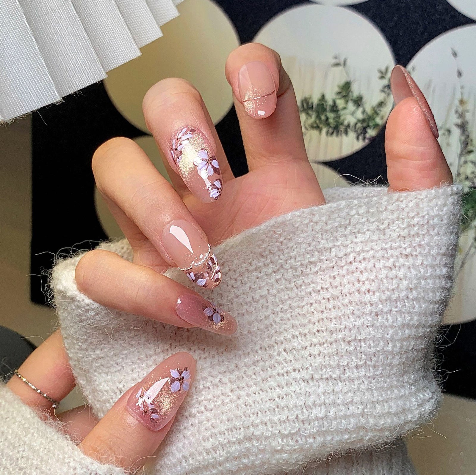 (Handmade) 10pcs/Set Cat Eye Nails with Hand-Painted Floral Press-On Nails