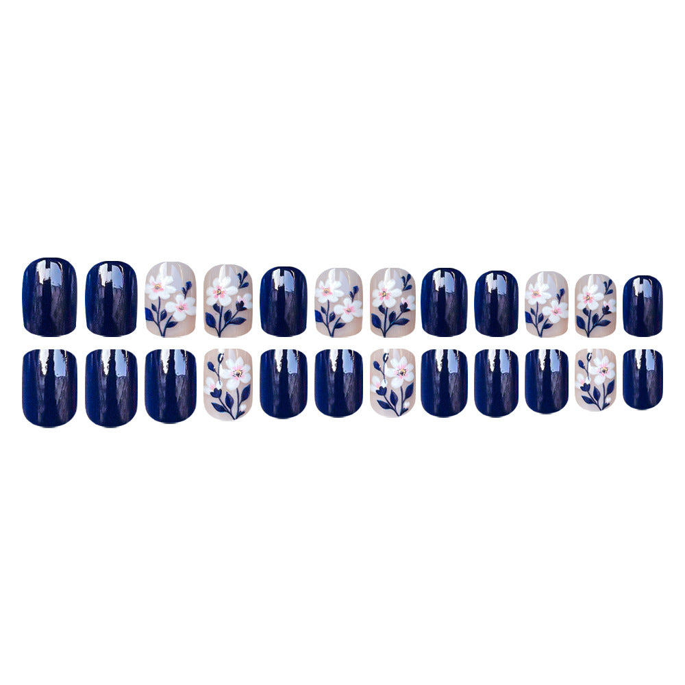 24pcs/Set Dark Blue Daisy Press-On Nails