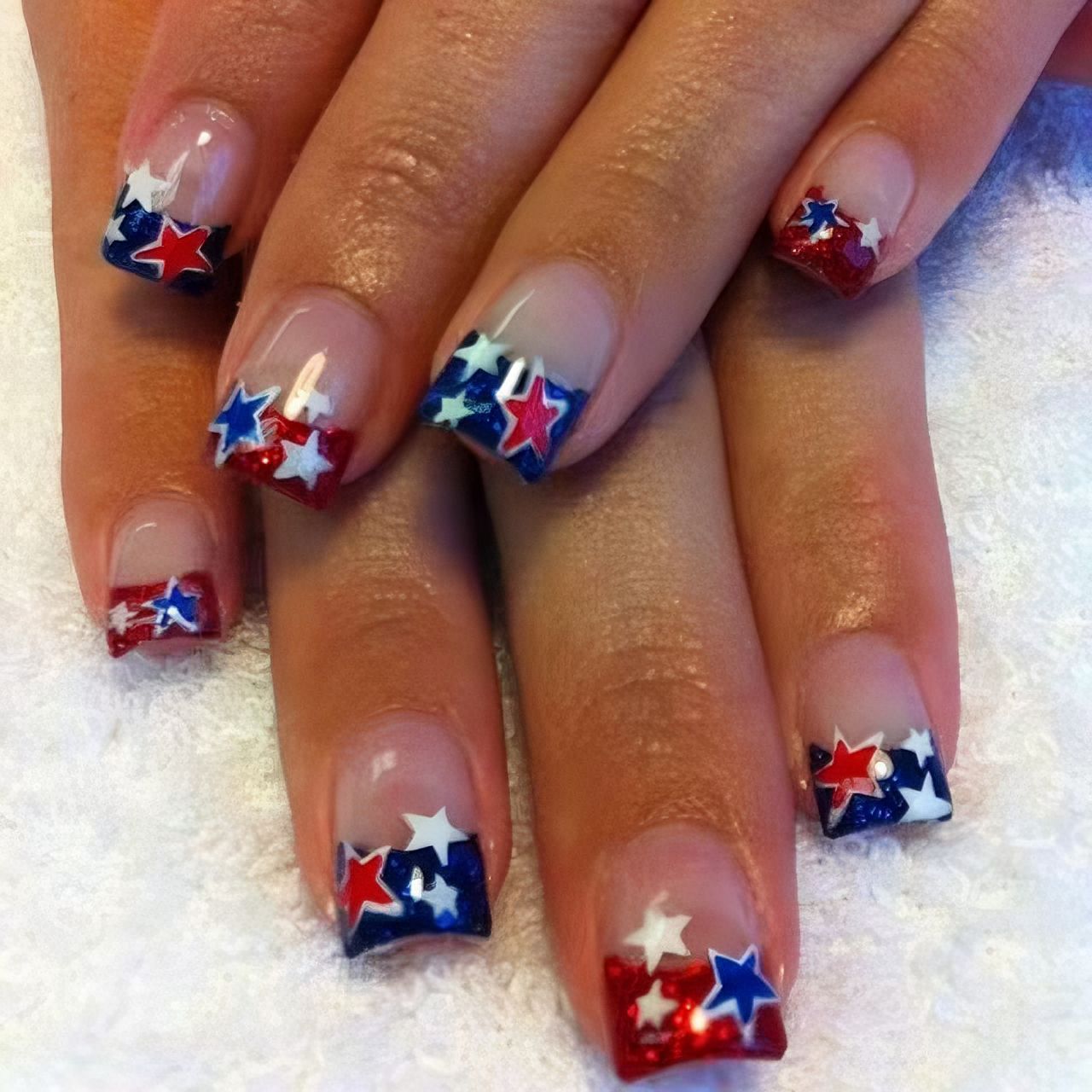 24pcs/Set Blue & Red Glitter French Tip with Stars Press-On Nails