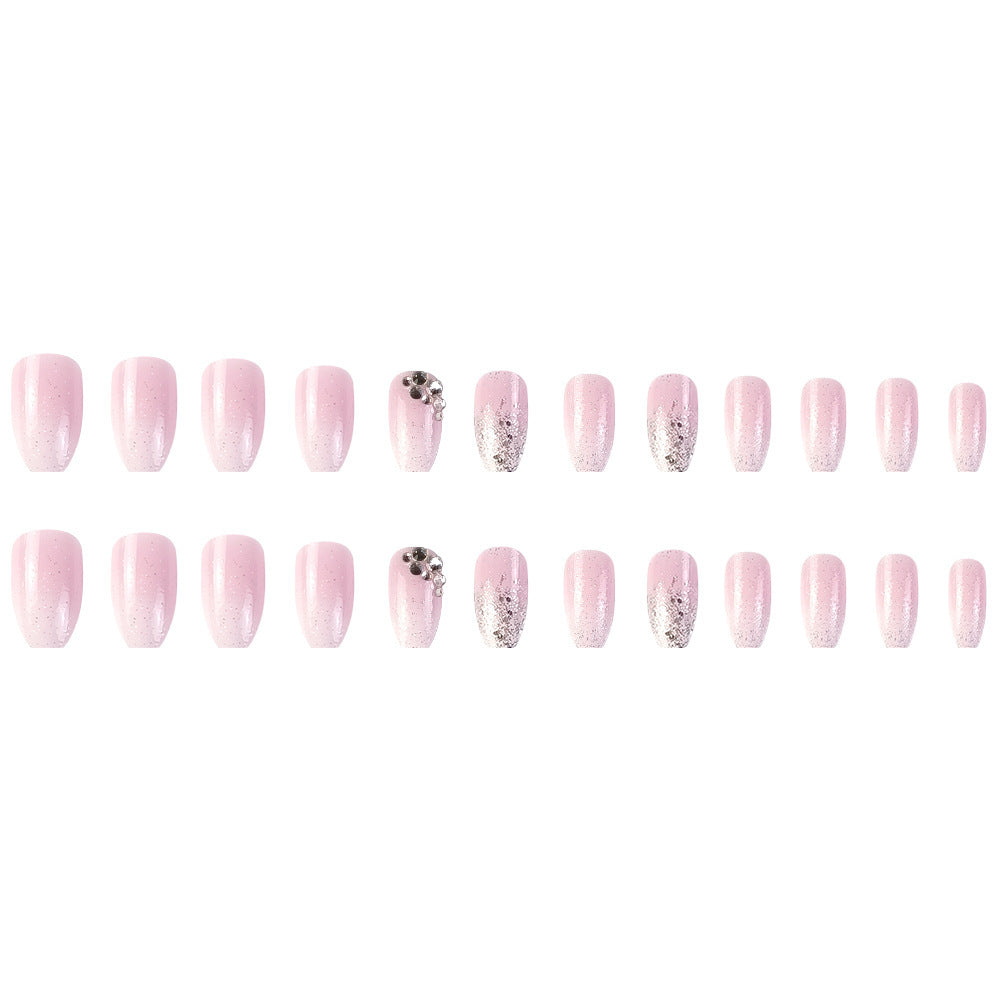 24pcs/Set Sparkling Glitter Rhinestone Pink Gradient Press-On Nails