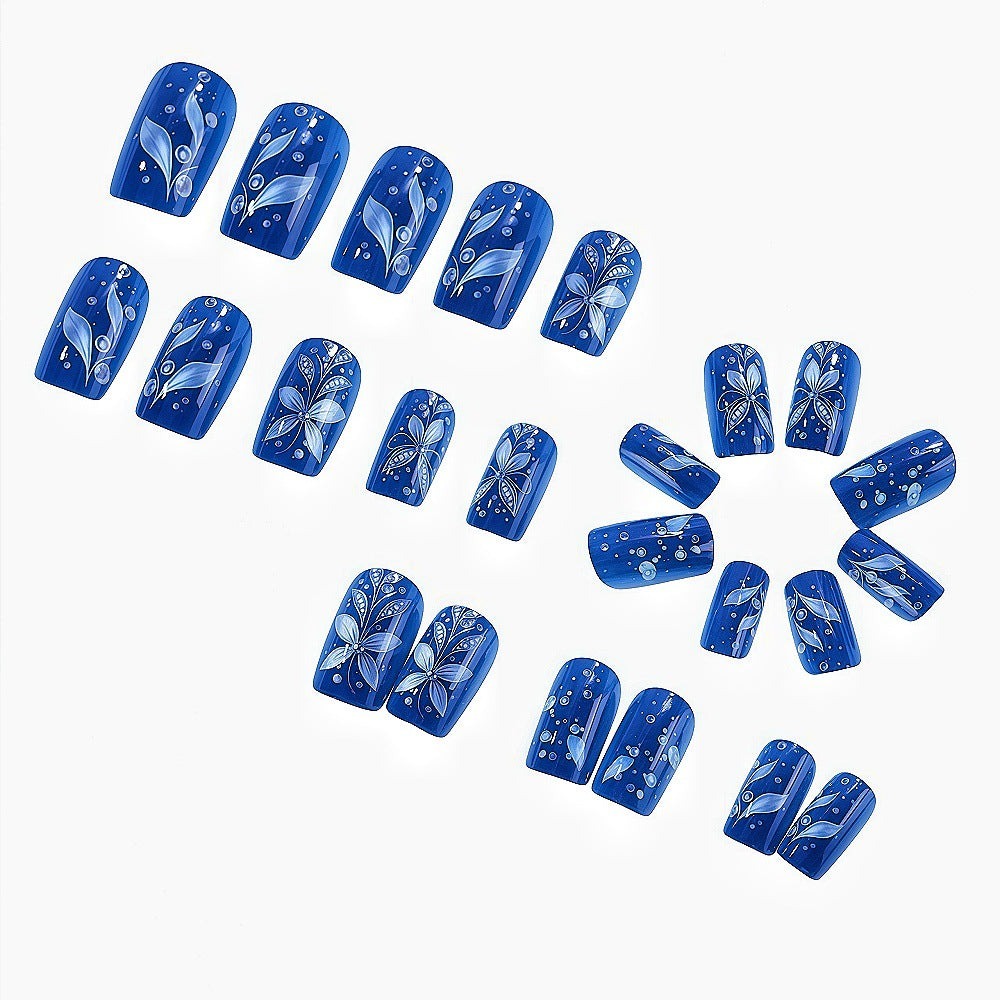 24pcs/Set Deep Sea Blue & White Flowers Press-On Nails