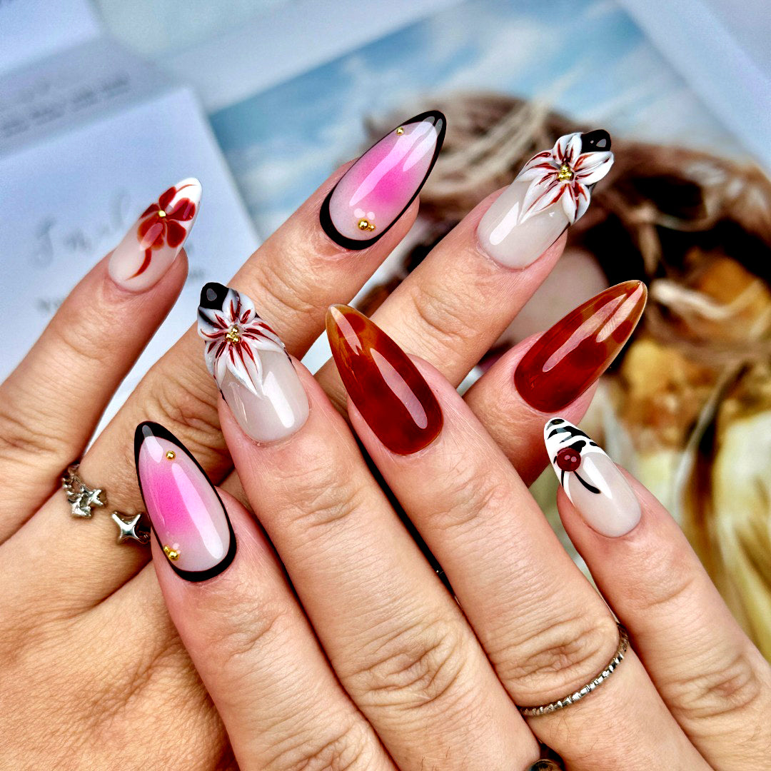 (Handmade) 10pcs/Set 3D Floral Cherry French Press-On Nails