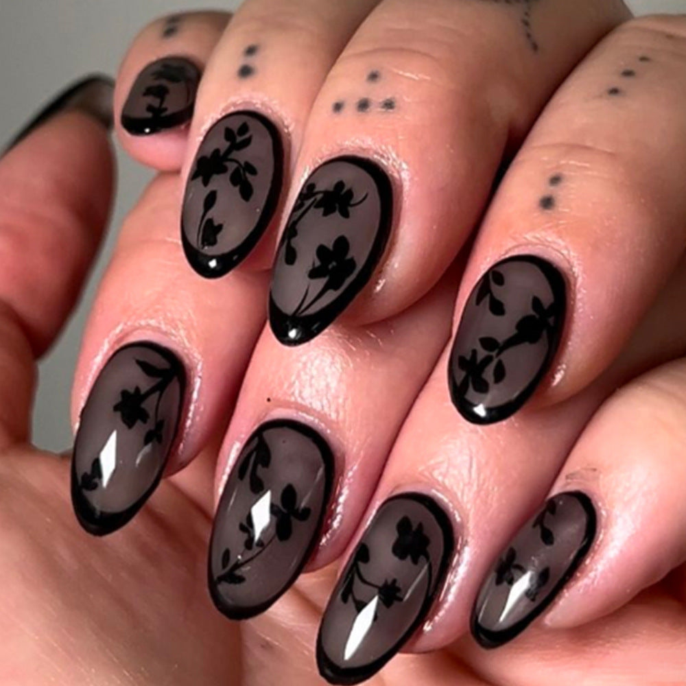 24pcs/Set Black Floral Press-On Nails