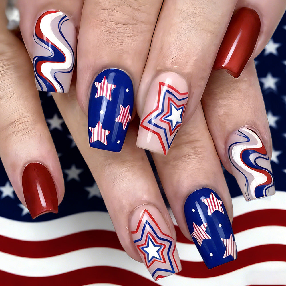 24pcs/Set Red, Blue & White Star Lines Press-On Nails