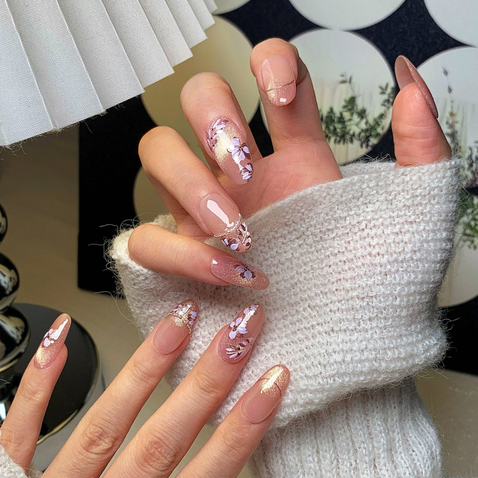 (Handmade) 10pcs/Set Cat Eye Nails with Hand-Painted Floral Press-On Nails